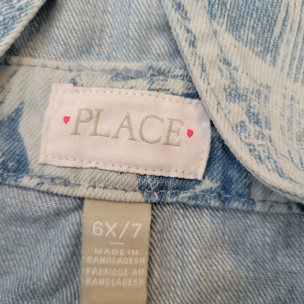 The Childrens Place Girls Blue Abstract Palm Print Denim Shortalls Size 6X/7 NWT
